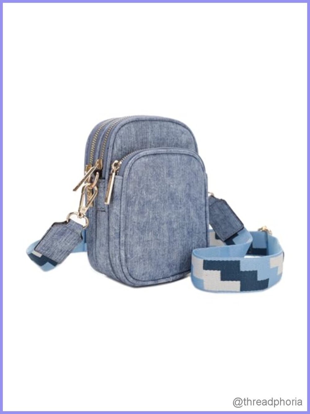 Triple Zip Crossbody Bag Vegan PU Leather Small Adjustable Strap